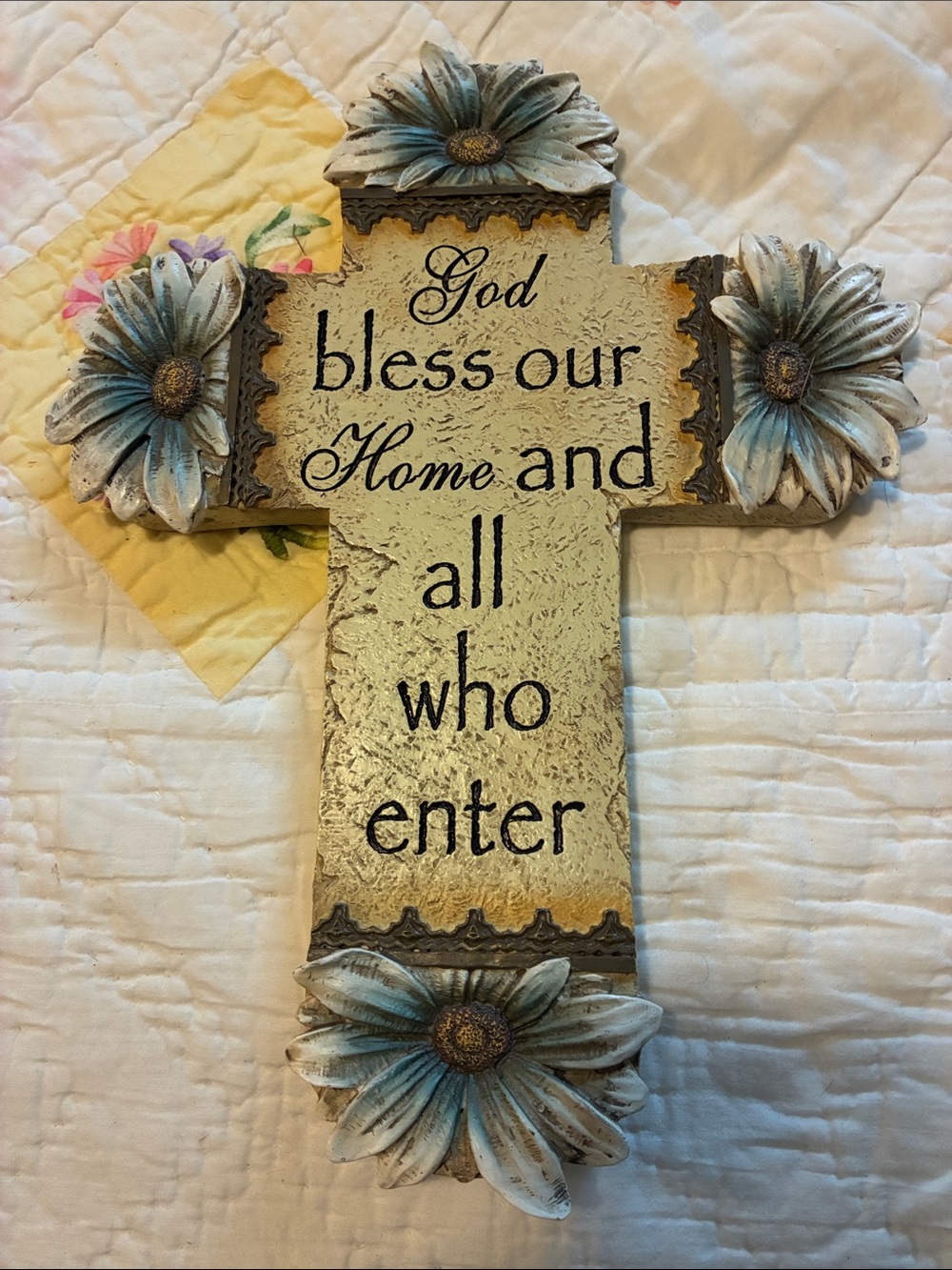 Hobby Lobby Cream Wall Cross with Blue Floral Accents